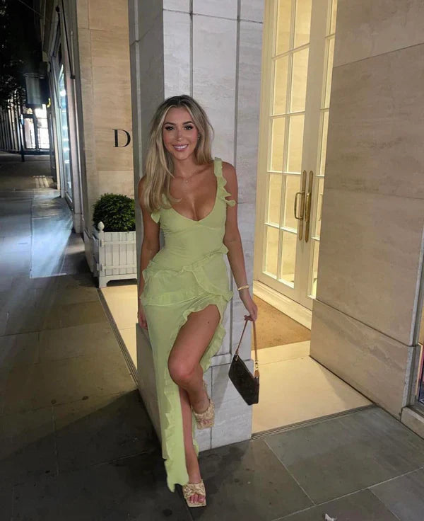 Luolandi Light Green Sheath Ruffles Long Party Dress Wedding Guest Dress Sexy Formal Dress